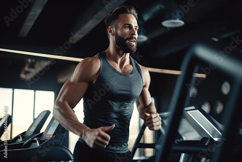 Young man in sportswear running on treadmill at gym, man workout in gym healthy lifestyle © Morng