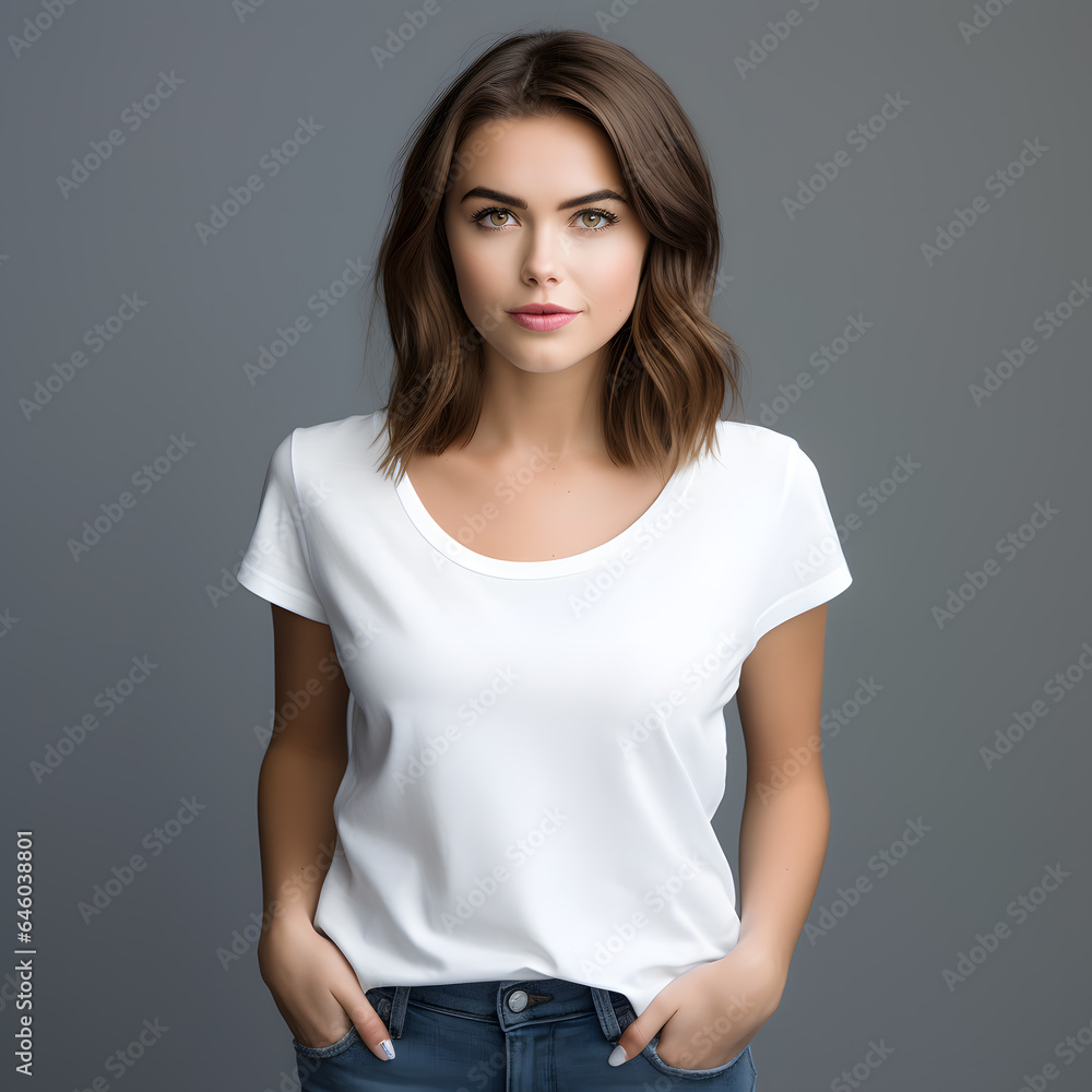 Fototapeta premium Young beautiful brunette woman model in white t-shirt and jeanse posing on light grey background