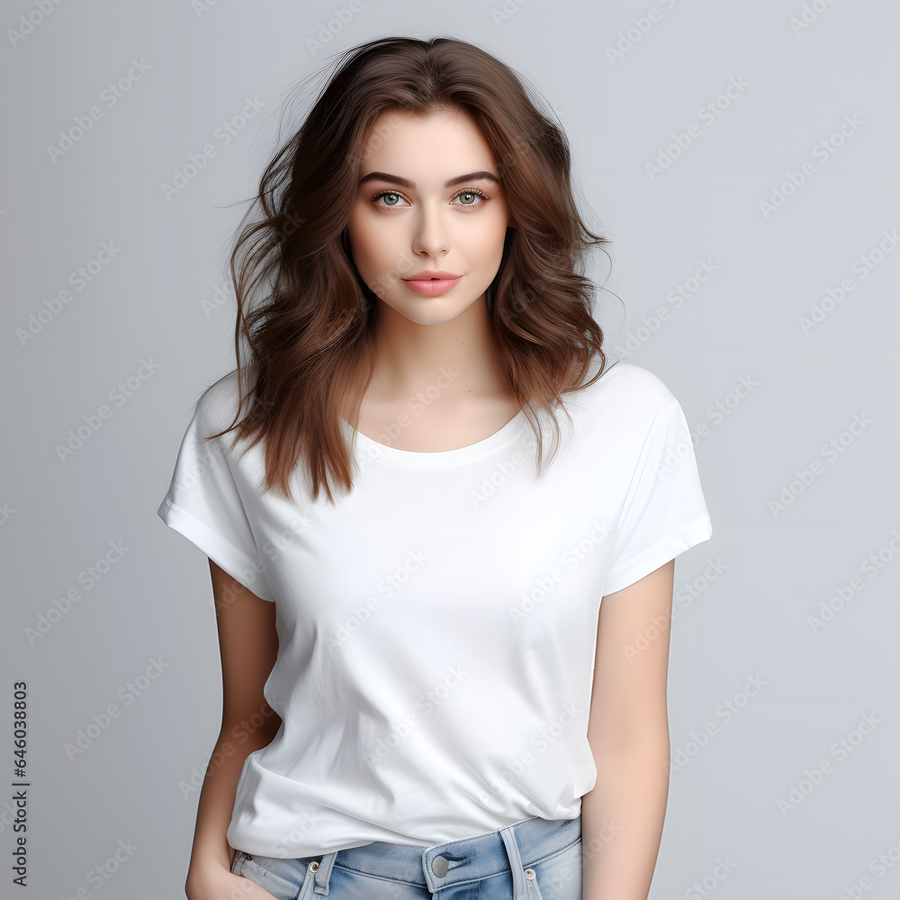 Young beautiful brunette woman model in white t-shirt and jeanse posing on light grey background Young beautiful brunette woman model in white t-shirt and jeanse posing on light grey background
