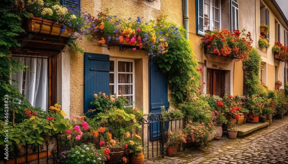 Rustic French cottage with vibrant flower pots and yellow shutters generated by AI