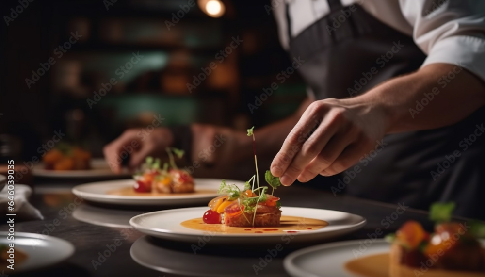 Expert chef prepares gourmet meal in commercial kitchen for fine dining generated by AI