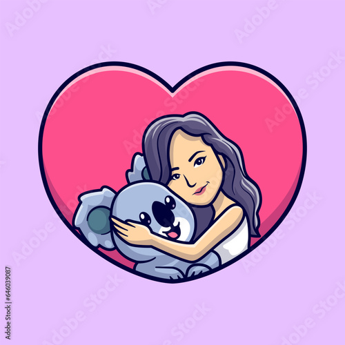 Photography Cute Girl Hug Koala In Love Heart Cartoon Vector Icon 
Illustration
