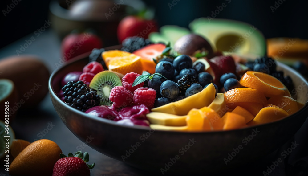 Healthy gourmet fruit salad with multi colored berries on rustic wood generated by AI Healthy gourmet fruit salad with multi colored berries on rustic wood generated by AI