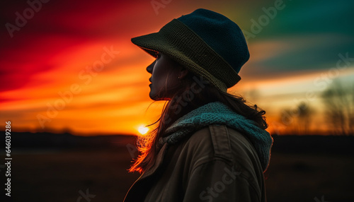 One young woman smiling, backlit by sunset in nature generated by AI