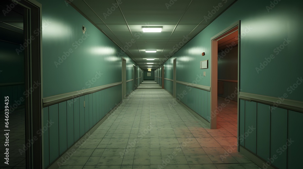 Vue en perspective d'un couloir  d'hopital vide, généré par IA