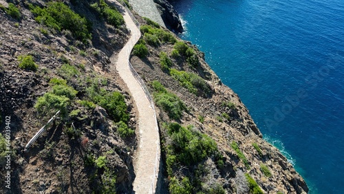 Europe, Italy, Framura is a little sea village in Liguria close to 5 terre ( five island ) - drone aerial view of mediterranean coast - hiking and trekking walking by over the sea 