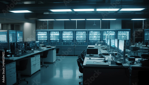 Modern computer lab with empty seats and bright blue lighting generated by AI