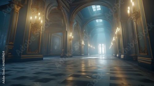 Vue en perspective d'un couloir  d'un palais vide, généré par IA photo
