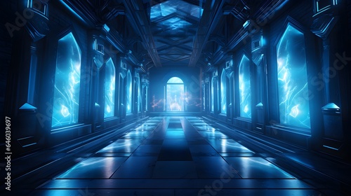 Vue en perspective d'un couloir sombre bleu vide, généré par IA