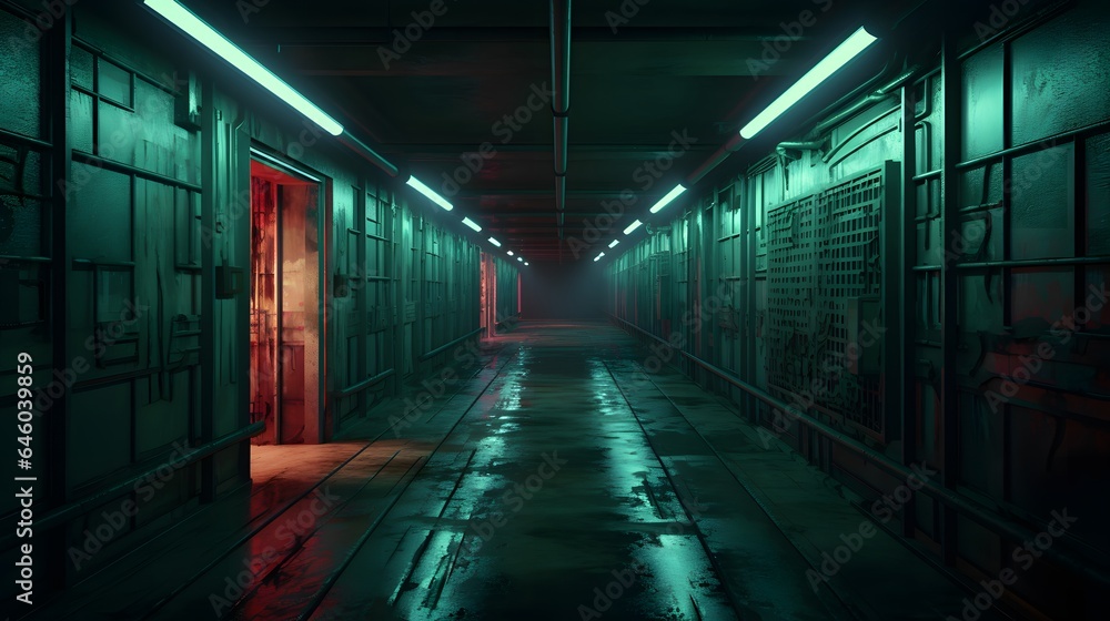 Vue en perspective d'un couloir futuriste vide, généré par IA Vue en perspective d'un couloir futuriste vide, généré par IA