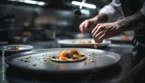 Professional chef prepares gourmet seafood meal in commercial kitchen generated by AI