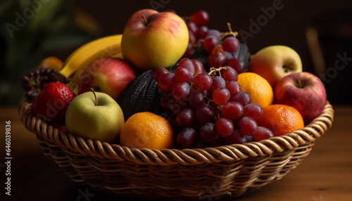 Fresh  organic fruit basket with multi colored grapes  apples  and oranges generated by AI