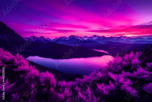 Purple sunset with pink clouds with black mountains - AI Generative