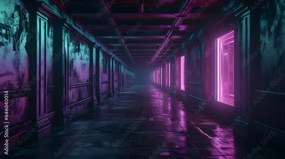 Vue en perspective d'un couloir sombre vide, généré par IA Vue en perspective d'un couloir sombre vide, généré par IA
