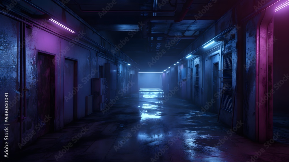 Vue en perspective d'un couloir sombre vide, généré par IA Vue en perspective d'un couloir sombre vide, généré par IA