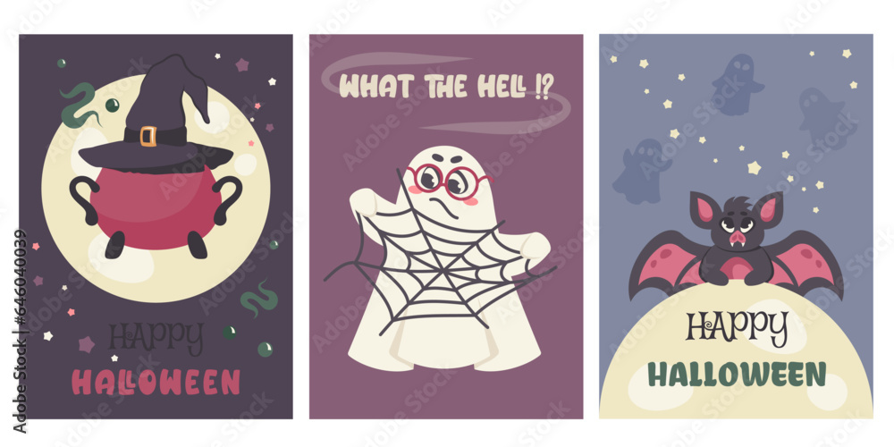 Set of greeting cards to Happy Halloween party. Cute angry ghost got caught in web, wizard's hat, funny bat, spirit silhouettes, potion cauldron, greeting text. Vector cartoon illustration