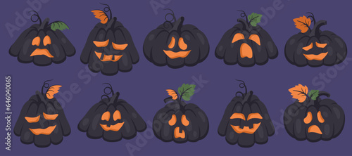 Halloween pumpkin. Set of creepy Hand drawn characters with different emotions and faces. Black angry monsters. Vector cartoon illustration for Halloween party, holiday decotation, celebration design