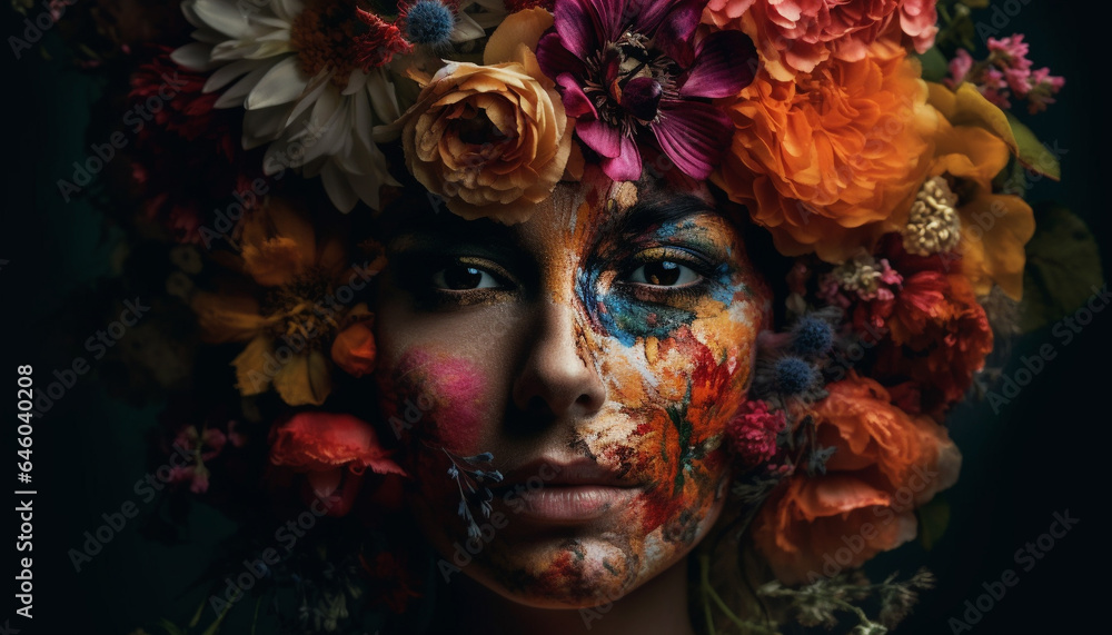 Beautiful young woman with multi colored bouquet, looking at camera generated by AI