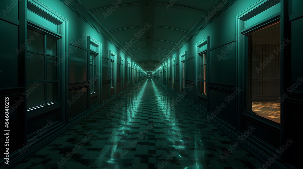 Vue en perspective d'un couloir d'école vide, généré par IA