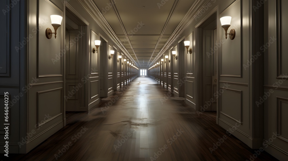 Vue en perspective d'un couloir  d'hotel vide, généré par IA