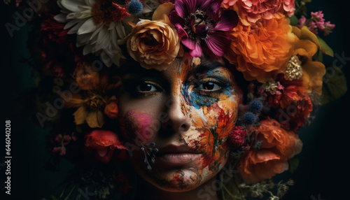 Beautiful young woman with multi colored bouquet  looking at camera generated by AI