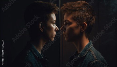 Young couple embracing in a close up studio shot, exuding confidence generated by AI © Stockgiu
