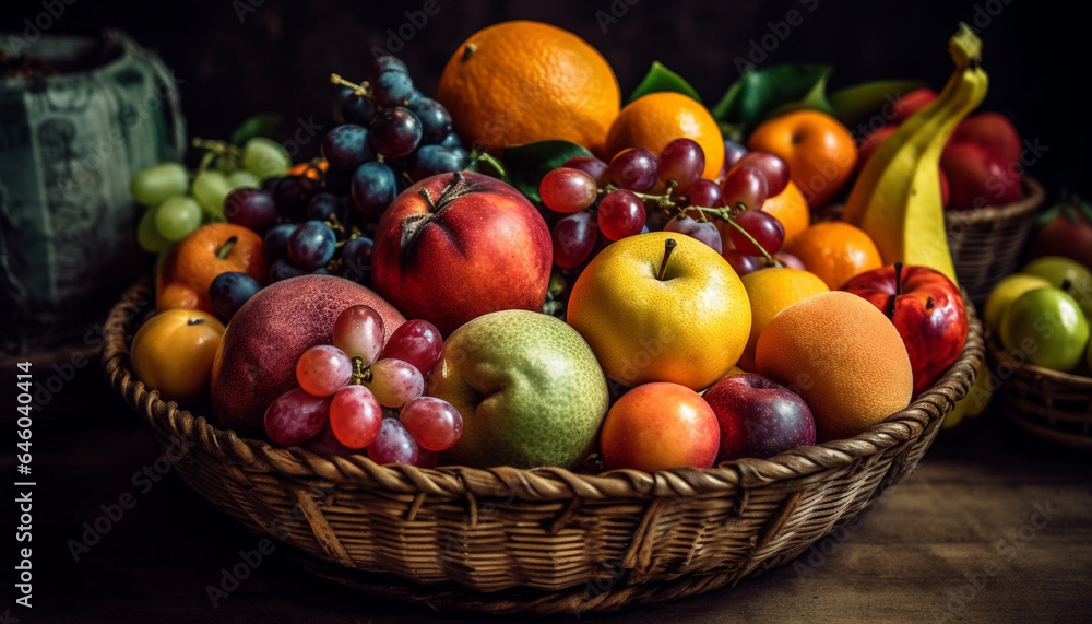 Fresh organic fruit basket with ripe juicy citrus variation collection generated by AI Fresh organic fruit basket with ripe juicy citrus variation collection generated by AI