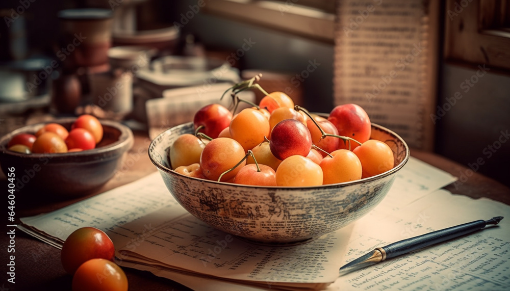 Organic vegetarian meal on rustic wooden table with fresh ingredients generated by AI Organic vegetarian meal on rustic wooden table with fresh ingredients generated by AI
