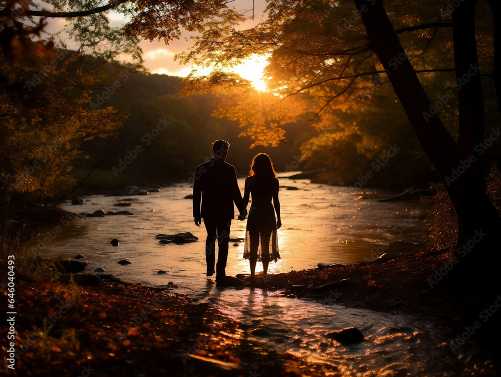 Romantic Autumn Sunset Silhouette of Loving Couple