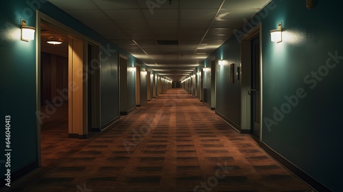 Vue en perspective d'un couloir d'hotel vide, généré par IA