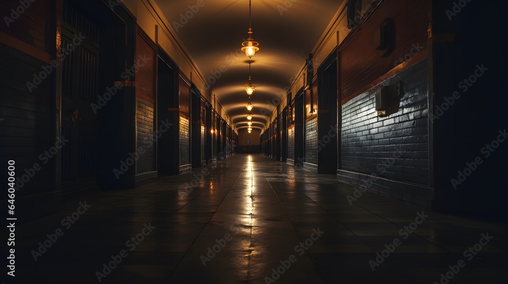 Vue en perspective d'un couloir sombre vide, généré par IA
