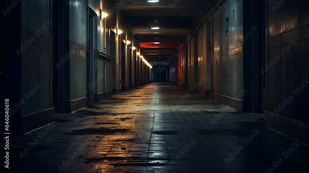 Vue en perspective d'un couloir sombre délabré et vide, généré par IA - obrazy, fototapety, plakaty 