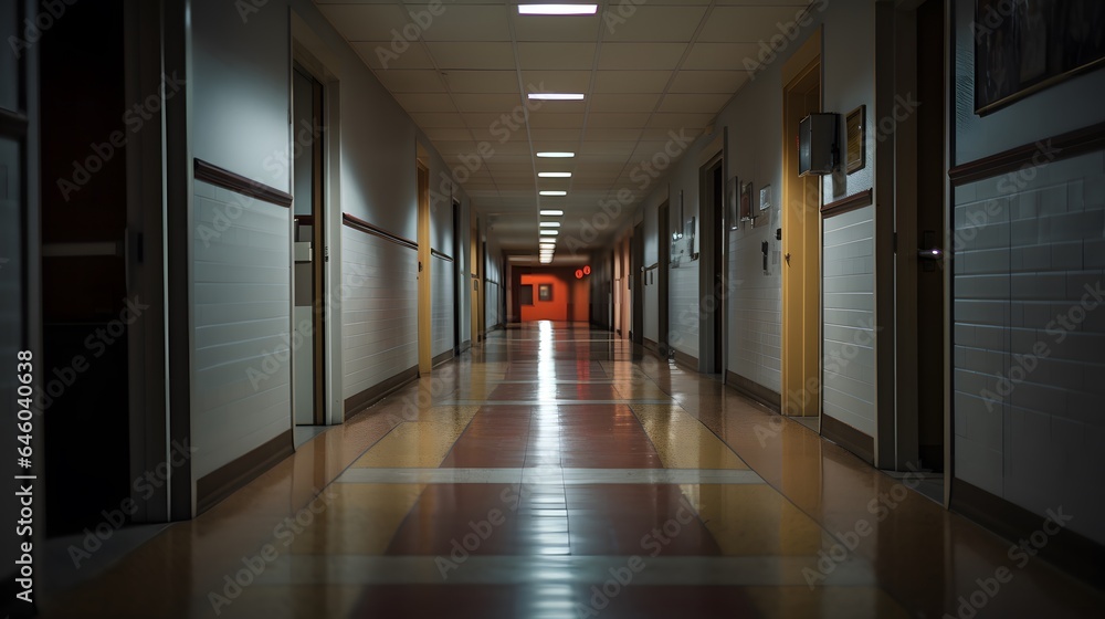 Vue en perspective d'un couloir d'école vide, généré par IA Vue en perspective d'un couloir d'école vide, généré par IA