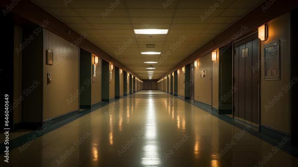 Vue en perspective d'un couloir d'hopital vide, généré par IA Vue en perspective d'un couloir d'hopital vide, généré par IA