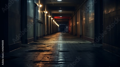 Vue en perspective d'un couloir sombre délabré et vide, généré par IA