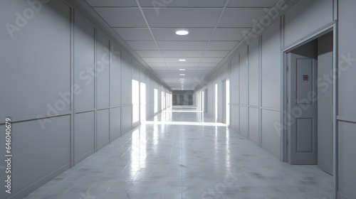 Vue en perspective d'un couloir blanc vide, généré par IA