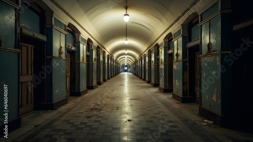 Vue en perspective d'un couloir d'un ancienne école vide, généré par IA