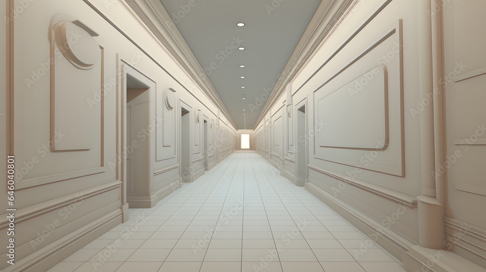 Vue en perspective d'un couloir vide, blanc et gris, rendu 3D, généré par IA Vue en perspective d'un couloir vide, blanc et gris, rendu 3D, généré par IA