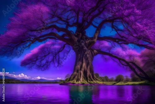 scenery, concept, a giant tree next to a river of purple water, blue sky, masterpiece, best quality, intricate detail, absurd res, chromatic aberration - AI Generative