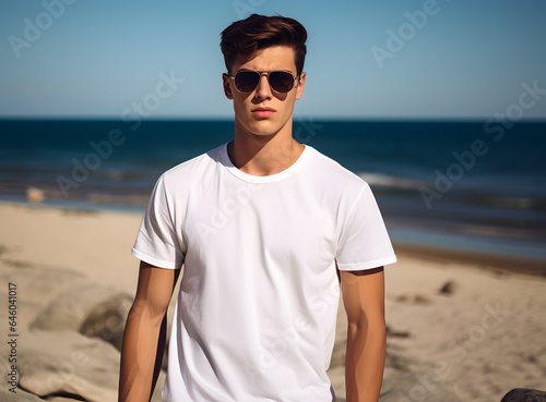 Handsome Young man wearing sunglasses and a white t shirt on the beach