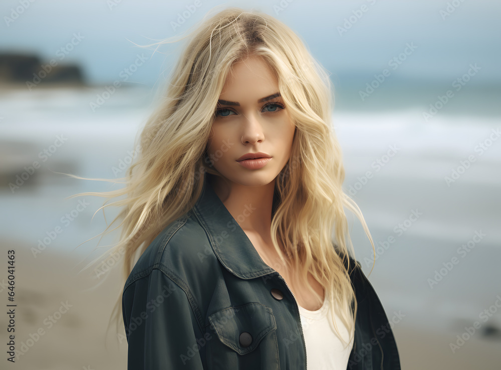 Beautiful blond woman wearing sunglasses on the beach Beautiful blond woman wearing sunglasses on the beach