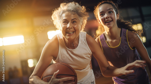 An elderly woman and teenager participating in a friendly basketball game,  fostering connections