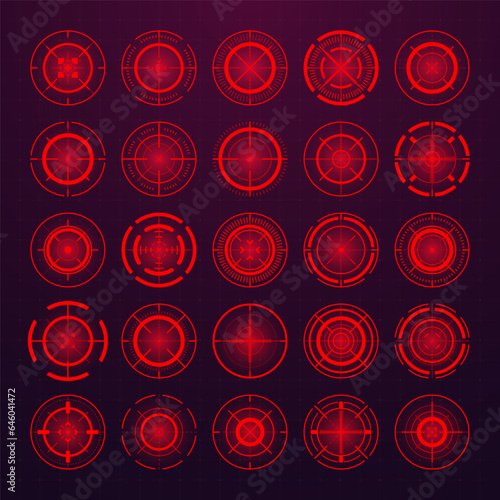 Crosshair, gun sight vector icons. Bullseye, black target or aim symbol. Military rifle scope, shooting mark sign. Targeting, aiming for a shot. Archery, hunting and sports shooting. Game UI element.