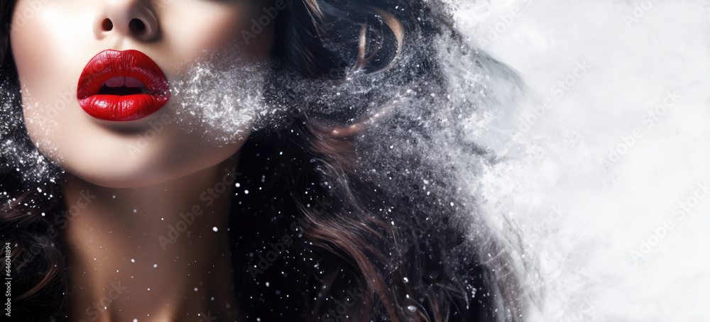 Winter background. Red womans lips blowing snow in the air