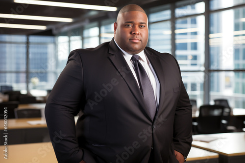 plus sized black manager wearing business suit with modern office in the background, sun from window © World of AI