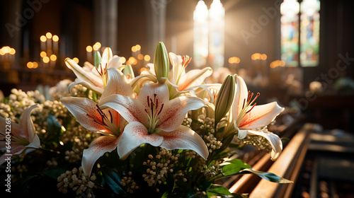 Close-up of white lilies in the church