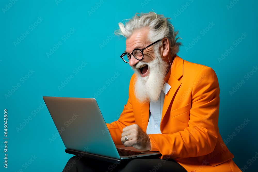 Happy smiling elderly bearded man using laptop on blue background Happy smiling elderly bearded man using laptop on blue background