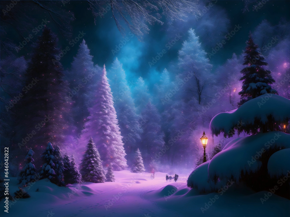 Winter magical landscape on christmas night, eve with fir trees, snow, sparkles, lights. New year greeting card, postcard, background.

