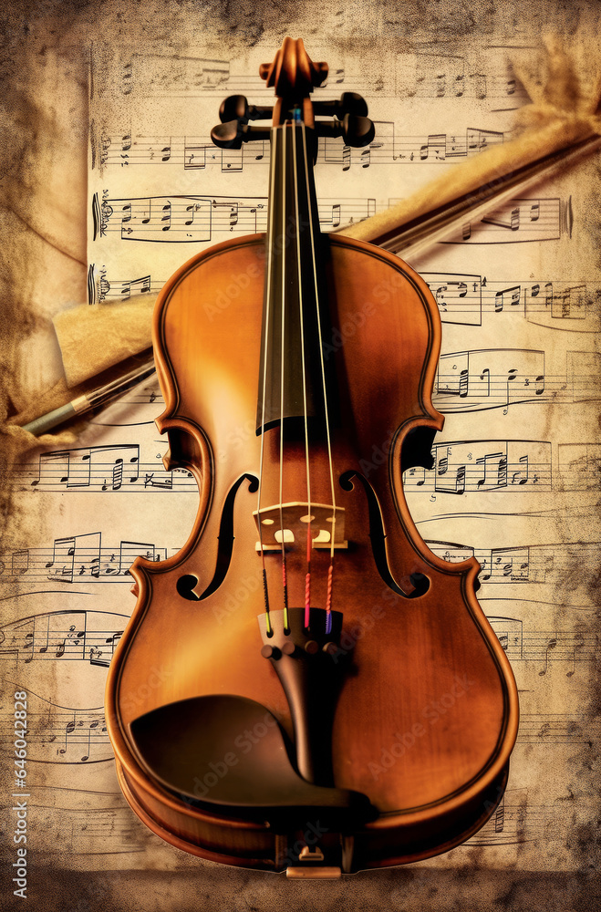 Fototapeta premium The violin lies on the notes. Generative AI