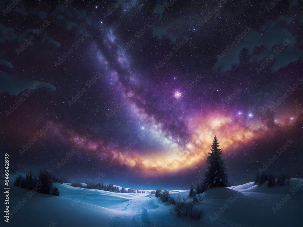 Starry christmas night, cosmic sky winter landscape, magic forest. New year greeting card, postcard, background with copyspace.